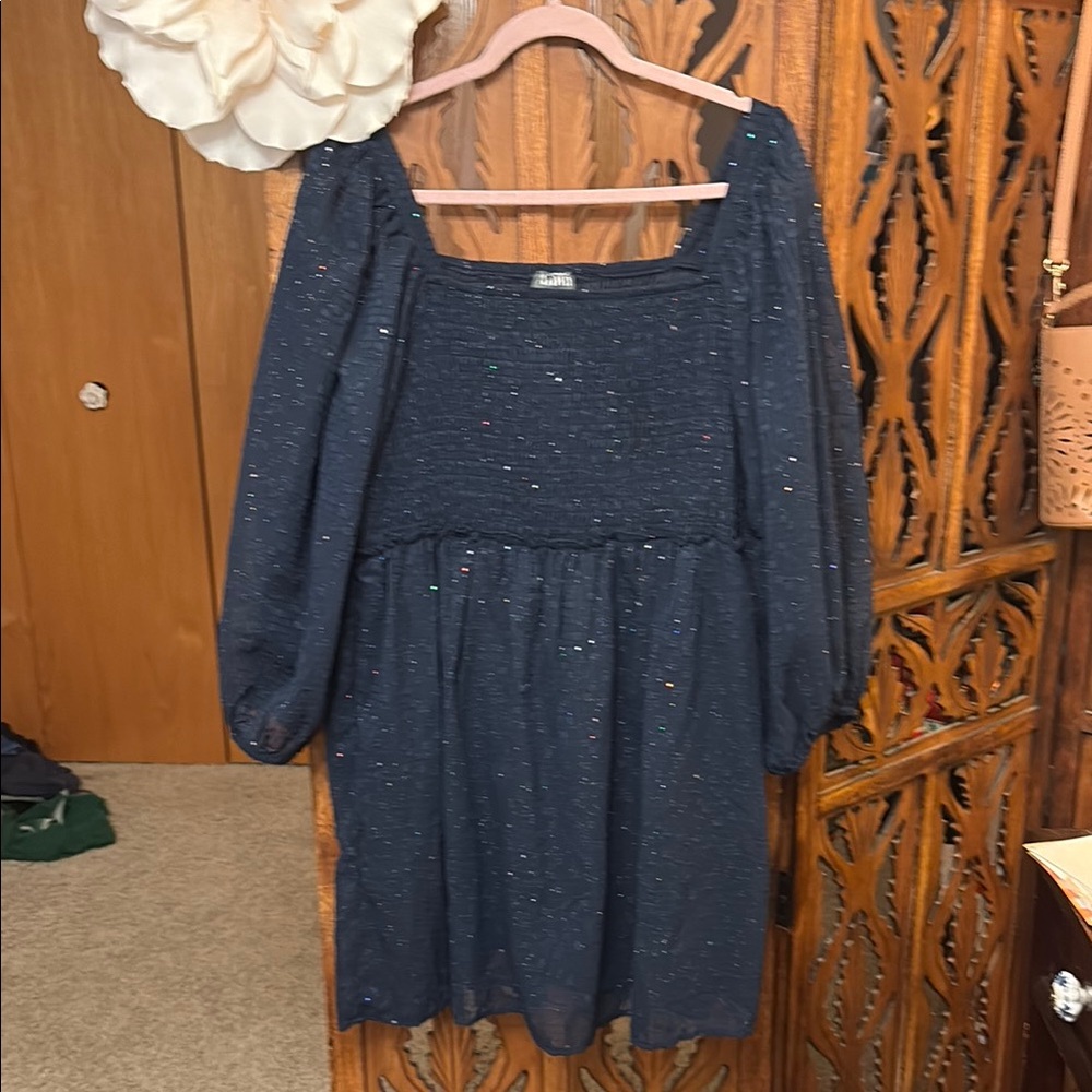 ARULA Navy Sparkle Square-Neck Babydoll Dress